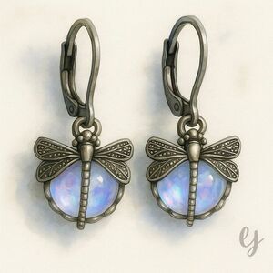 Opaline Dragonfly Earrings in Antique Bronze Tone with Clear Glass Orbs
